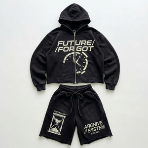 Conjunto de Sudadera con Capucha y Pantalones Cortos Unisex Personalizados, Negros, con Lavado Ácido, Apliques y Parches, Estilo Urbano, Fabricante de Ropa con Marca Privada OEM ODM - Product Image 1