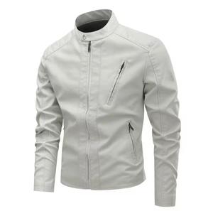 Chaqueta de Motociclista de Cuero Genuino Blanca para Hombre, Cuello Alto, Cierre de Cremallera, Corte Ajustado, Resistente al Viento, Estilo Motero, Cierre Frontal Regular - Product Image 1
