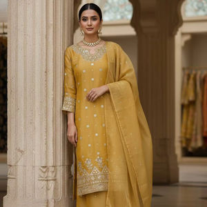 Women Designer Mustard Yellow Embroidered <b>Kurti</b> Pant Set with Dupatta | Ethnic Party Wear Salwar Suit for Wedding & Festive - Product Image 1