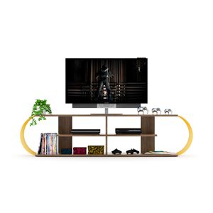 Arredo metà secolo moderno supporto per TV a memoria aperta a 4 scaffali 68 pollici noce/centro di intrattenimento giallo - Product Image 1