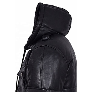 Veste d'hiver en cuir véritable pour homme avec capuche amovible en fausse fourrure - Product Image 4
