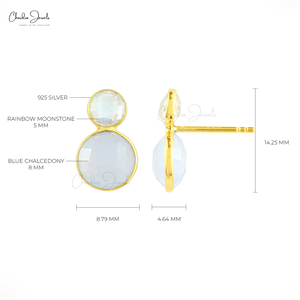 Pendientes de tuerca redondos de Calcedonia Azul Genuina y Piedra Lunar Arcoíris, Plata de Ley 925, 3.6CTW, Lote al por Mayor - Product Image 2