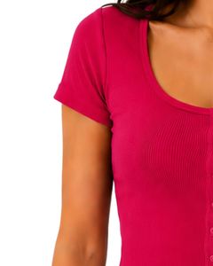 Custom Hot Pink Women Ribbed Knit <b>Crop</b> <b>Top</b> Short Sleeve Button Front Slim Fit Square Neck Casual Summer Cotton T Shirt Blouse - Product Image 3