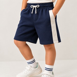 Shorts Bermuda Garçon Bleu Marine à Rayures Latérales Blanches, Taille Élastiquée avec Cordon, en Coton Tricoté, Style Décontracté, pour l'Exportation - Product Image 1