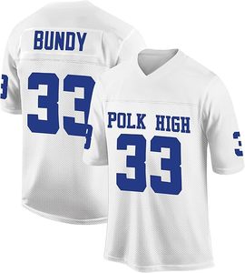 Maillot de football Polk High blanc à col en V et manches courtes avec numéro 33 bleu et nom Bundy, design personnalisé - Product Image 1
