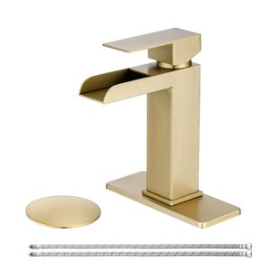 Rubinetto da Bagno Monocomando a Cascata Oro Spazzolato, 1-3 Fori, con Piastra di Fissaggio Solida per Lavabo - Product Image 1