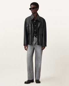 Veste en cuir véritable noire pour homme, col rabattu, fermeture éclair, coupe ample décontractée, pour l'automne - Product Image 2