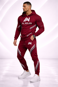 ชุดวอร์มพรีเมี่ยมเบอร์กันดีสำหรับผู้ชาย-ชุดวิ่งมีฮู้ดติดโลโก้ตามสั่งชุดออกกำลังกายแนวสตรีทรัดรูป - Product Image 2