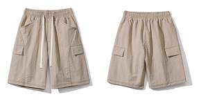 Men Solid Color Cargo Shorts Mid Waist Drawstring Elastic Waist <b>Canvas</b> Fabric Casual Style Breathable Bermuda Shorts - Product Image 2