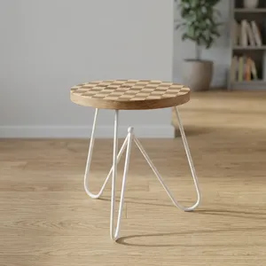 Wooden Iron <b>Painted</b> Round Coffee <b>Table</b> with Checkerboard Top and White Metal Legs Minimalist Living Room Furniture Design - Product Image 5