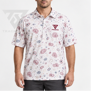 Polo pour homme Trackstar, blanc, bordeaux, bleu, imprimé abstrait en spirale, manches courtes, col boutonné, chemise de golf, logo personnalisé - Product Image 1