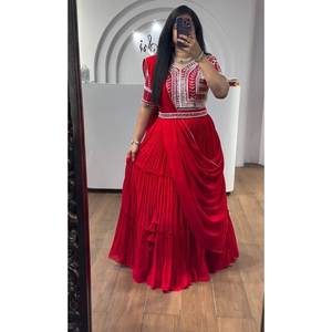 ชุดเย็บปักถักร้อย georgette ที่น่าสนใจพร้อมที่จะสวมใส่ lehenga choli dupatta กับเข็มขัดสีแดง - Product Image 1