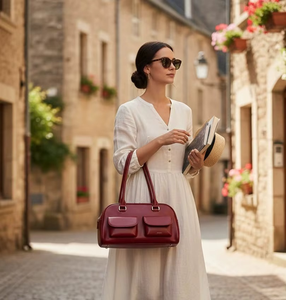 Sac à bandoulière rétro pour femme en cuir véritable rouge cerise, motif bonbon, résistant à l'eau, fermeture éclair, deux poches avant - Product Image 5