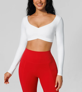 2027 OEM Wholesale Women's Compression Breathable Yoga Shirt for Outdoor Sports Gym T-Shirt V Neck Long Sleeve <b>Cropped</b> Yoga <b>Top</b> - Product Image 2