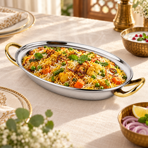 Bandeja Ovalada para Asar de Acero Inoxidable Pulido con Asas Doradas, Utensilios de Cocina Metálicos Modernos y de Lujo - Product Image 5