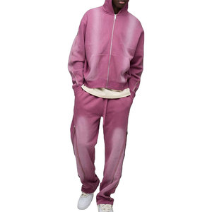 High Quality Wholesale Price Casual Wear Plain Men Acid Wash Zipper Tracksuit Latest Fashion Vintage Sun Faded <b>Zip</b>-Up Tracksuit - Product Image 1