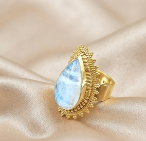 Anillo de Plata de Ley 925 con Piedra Lunar Arcoíris Natural en Forma de Pera, Estilo Vintage Boho, Chapado en Oro Rosa y Oro Amarillo - Product Image 3