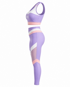 Conjunto de Yoga Color Morado con Bloques de Color, Top Corto y Leggings de Cintura Alta, Ribete en Contraste, Secado Rápido, Spandex y Poliéster, 2 Piezas - Product Image 2