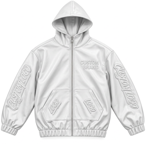 Veste à capuche en cuir synthétique pour homme personnalisée avec logo graphique sur les manches, fermeture éclair intégrale, vêtement d'extérieur décontracté et tendance - Product Image 5