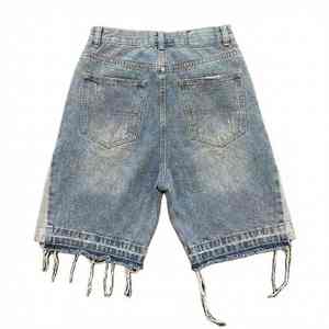 Custom Streetwear Heavyweight Cargo Denim <b>Shorts</b> for <b>Men</b> with Embroidered Patches Raw Hem & Distressed Cut Edge Wholesale - Product Image 3