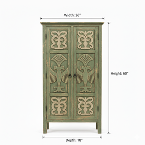 Handcrafted Eco-Friendly Large Capacity Solid Wood Tribal Carved <b>Rustic</b> Green Storage Cabinet <b>Wardrobe</b> for Home Hotel Office Use - Product Image 3