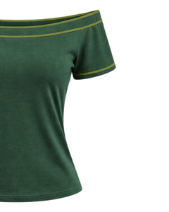 T-shirt vert forêt pour femme, épaules dénudées, avec bordure contrastée, manches courtes, coupe ajustée, décontracté, été, fabricant sur mesure - Product Image 2