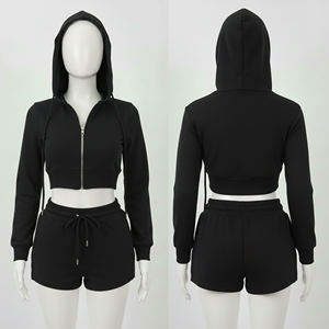 Ensemble de survêtement pour femmes en velours noir uni à manches longues et col rond, avec short assorti à cordon de serrage, vente en gros OEM ODM - Product Image 3