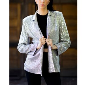 Veste Blazer à Paillettes à Simple Boutonnage pour Femme, Style Court, pour Automne, Printemps, Hiver, Couleur Unie, Polyester/Coton - Product Image 2