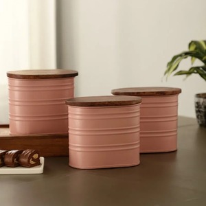 Handcrafted <b>Stackable</b> Metal <b>Storage</b> <b>Containers</b> with Wooden Lids Retro Kitchen Canisters for Food Preservation Cylinder Shape - Product Image 1