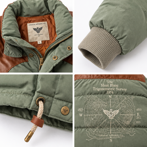 Blouson matelassé vintage vert pour homme, 70 % imperméable, avec col en cuir d'agneau, capuche amovible, poches cargo, quincaillerie en laiton, personnalisable OEM - Product Image 4