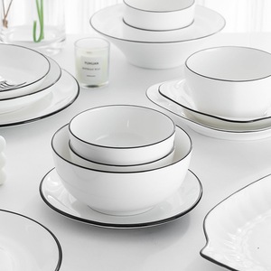 Services de vaisselle en porcelaine pour restaurants en gros – Assiettes minimalistes à lignes noires, sans BPA, compatibles micro-ondes - Product Image 3