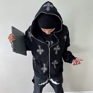 Sweat à capuche surdimensionné pour homme avec strass, 100% coton épais, style streetwear, coupe courte - Product Image 1