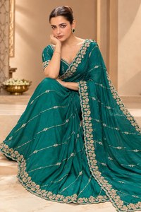 Sari indien traditionnel en georgette brodée de couleur turquoise avec bordure à sequins et chemisier pour femmes - Product Image 2