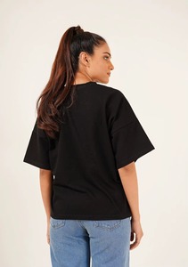 เสื้อยืดคอกลมสีดำแขนสั้นสำหรับผู้หญิงทรงหลวมลำลองสีทึบผ้าฝ้าย 100% ถักทอความยาวปกติทุกฤดูกาล - Product Image 4