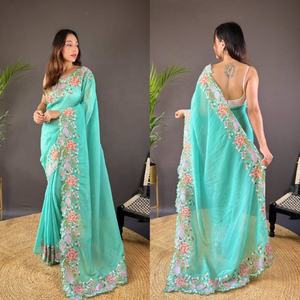 Sari Evergreen Georgate Pur de Haute Qualité, 5 mètres, avec Broderie de Sequins Intégrale, Magnifique Bordure Contrastante, Blouse en Soie Banglori pour Soirée - Product Image 1