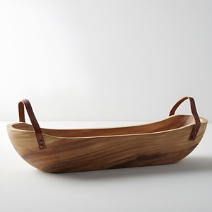 Bol à salade en bois de qualité supérieure, personnalisable en forme et en taille, avec poignées en cuir. - Product Image 3
