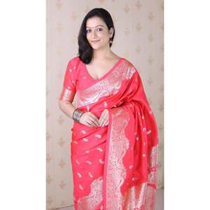 Sari en soie douce Banarasi rose Elite Weaves avec broderie Zari argentée, vêtements indiens et pakistanais, 650g - Product Image 3