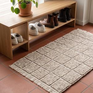 Tapis élégant en laine beige crème tissé à la main, couleur unie, antidérapant, à poils moyens, avec franges, pour décoration moderne de la maison - Product Image 6