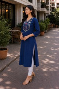 Kurtis de Algodón Color Verde Azulado para Mujer, con Cuello en V Bordado, Corte Holgado, Largo Midi, Estilo Tradicional Indio-Pakistaní, Ropa Casual - Product Image 4