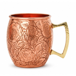 Mug à Moscow Mule en cuivre floral gaufré fait main, tasse à bière en cuivre pur de qualité supérieure, verre à cocktail vintage avec poignée en laiton - Product Image 1