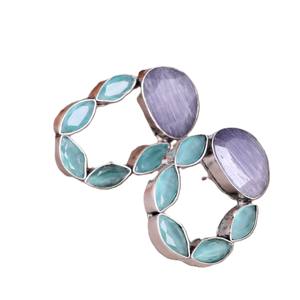 Pendientes de estilo bohemio, tribal y étnico, de latón con baño de plata antigua, para mujer, para bodas, con incrustaciones de piedra Monalisa, geométricos, colgantes y llamativos - Product Image 1