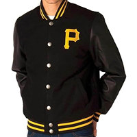 Blouson Bomber Unisexe Pittsburgh Pirates de Baseball Noir Style Letterman Hiver Coupe-Vent Décontracté Streetwear Patchwork Dessin Animé