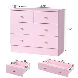 Commode moderne à 4 tiroirs pour chambre à coucher, meuble de rangement autoportant en métal rose et bois massif - Product Image 3