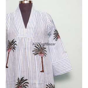 Vestido maxi de algodón 100% puro con estampado floral hecho a mano, manga larga, cuello en V, informal, ecológico, para verano, para mujer. - Product Image 2