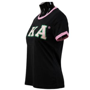 T-shirt Ringer Classique Rose Vert Noir pour Femme avec Lettres Brodées – Haut Décontracté à Manches Courtes, Vêtement Tendance et Élégant pour le Quotidien - Product Image 3