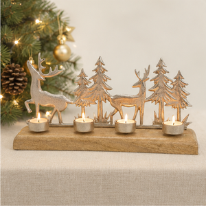 Portavelas de Aluminio Plateado Hecho a Mano con Forma de Reno y Árbol de Navidad, Base de Madera de Mango Natural, Soporte para 4 Velas de Té, para Decoración Festiva - Product Image 3