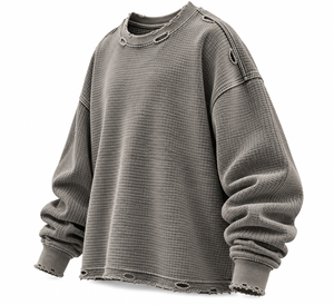 Camiseta de hombre de punto gofrado gris lavado, cuello redondo oversize, manga larga, dobladillo desgastado, estilo casual streetwear, Ganymede International - Product Image 2