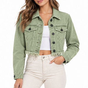 Chaqueta vaquera corta verde para mujer con dobladillo con flecos, manga larga, estilo camionero, cuello vuelto, para primavera - Product Image 1