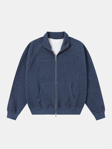 Men's Navy Blue Fleece <b>Jacket</b> Stand Collar <b>Zipper</b> Front Casual Knitted Outerwear Regular Fit Solid Color <b>Pocket</b> Design Autumn - Product Image 1