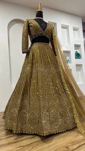 Gold Sequin Embroidered Lehenga Set V Neck Crop <b>Top</b> Net Dupatta Banarasi Style <b>Wedding</b> Party Dress - Product Image 3